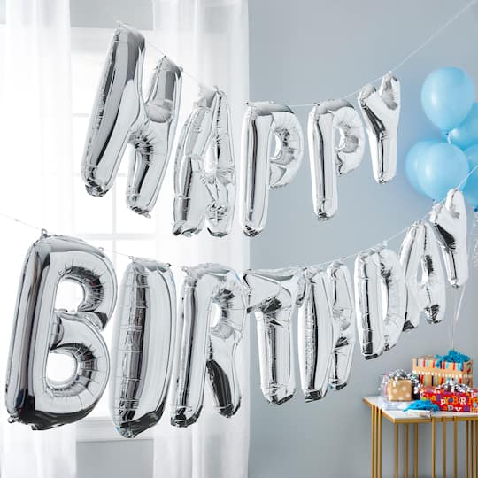 Selbstaufblasendes Happy Birthday Banner – Silberne Folienbuchstaben (40 Cm) – Wiederverwendbar Selbstaufblasendes Happy Birthday Banner – Silberne Folienbuchstaben (40 Cm) – Wiederverwendbar